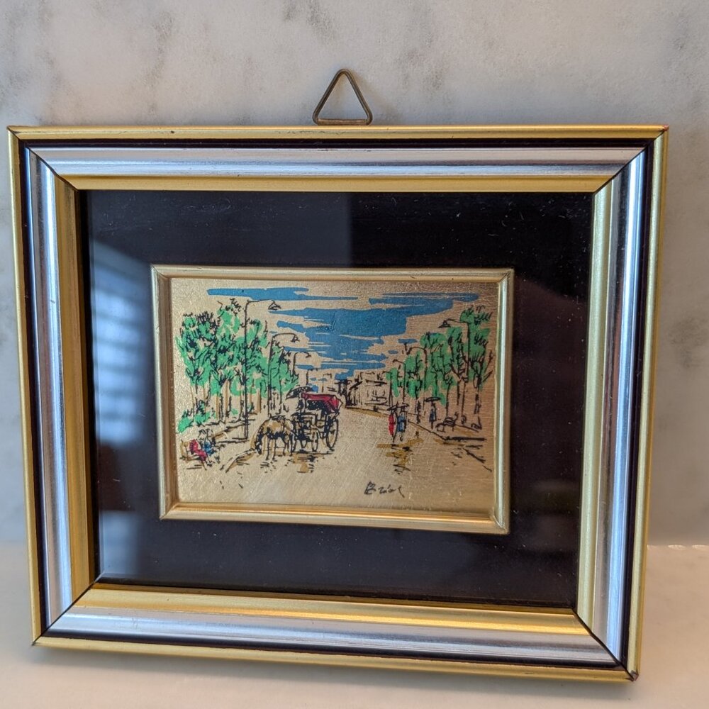 Vintage Italian Gold Leaf Picture on Street with Horse and Carriage